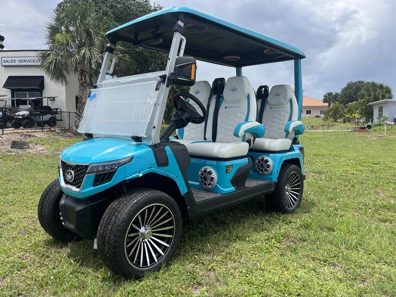 Front view of 2025 Evolution D-Max GT4 Sky Blue electric golf cart with nationwide delivery and export options