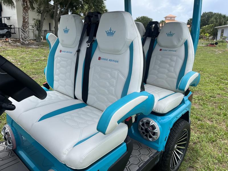 Four-passenger seating in 2025 Evolution D-Max GT4 Sky Blue golf cart with nationwide and export delivery options