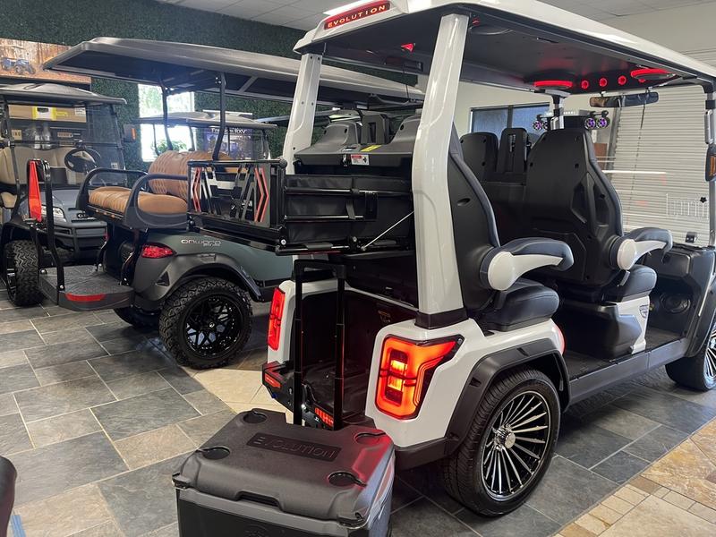 Rear view of 2025 Evolution D-Max GT4 White golf cart available in Alabama with export and nationwide delivery