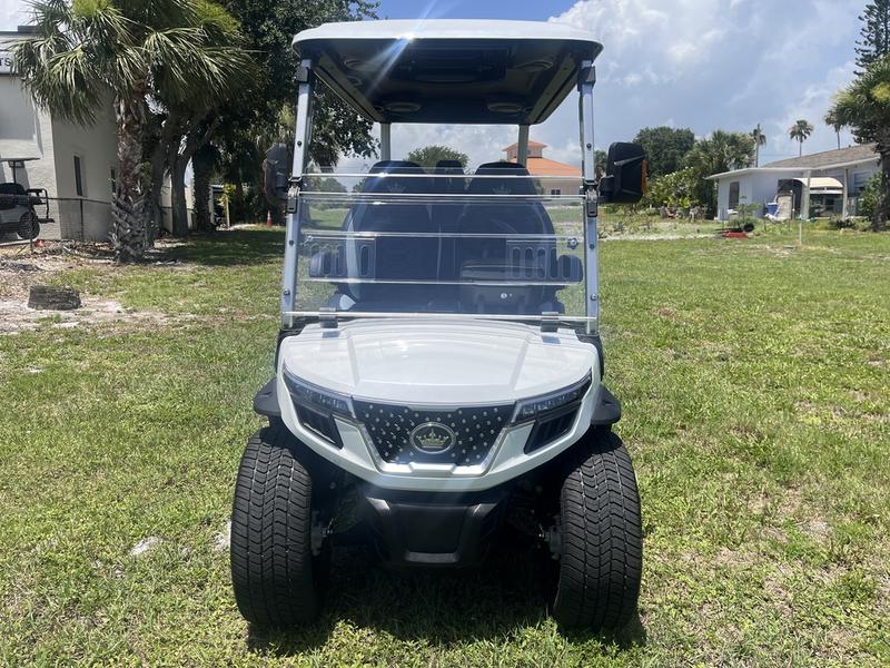 Front view of 2025 Evolution D-Max GT4 White golf cart available in Alabama with nationwide delivery and export options