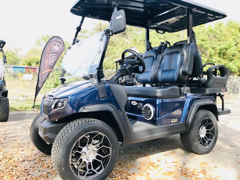 Front view of 2025 Evolution D5-Ranger 2+2 Plus Blue four-passenger golf cart available in California, nationwide delivery, and export