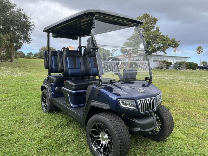 Front view of 2025 Evolution D5-Ranger 4 Blue electric golf cart available in Arizona with nationwide delivery and export options