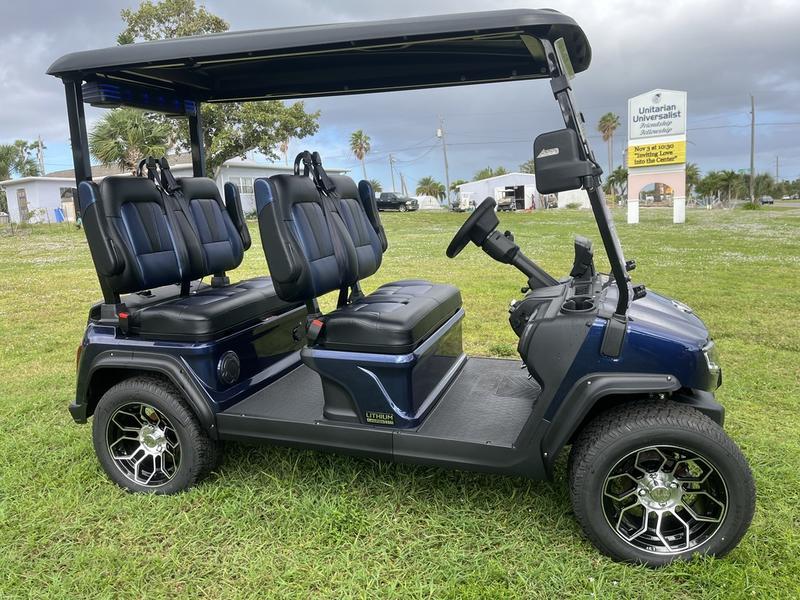 Side profile of 2025 Evolution D5-Ranger 4 Blue golf cart available in Arizona with export and nationwide delivery
