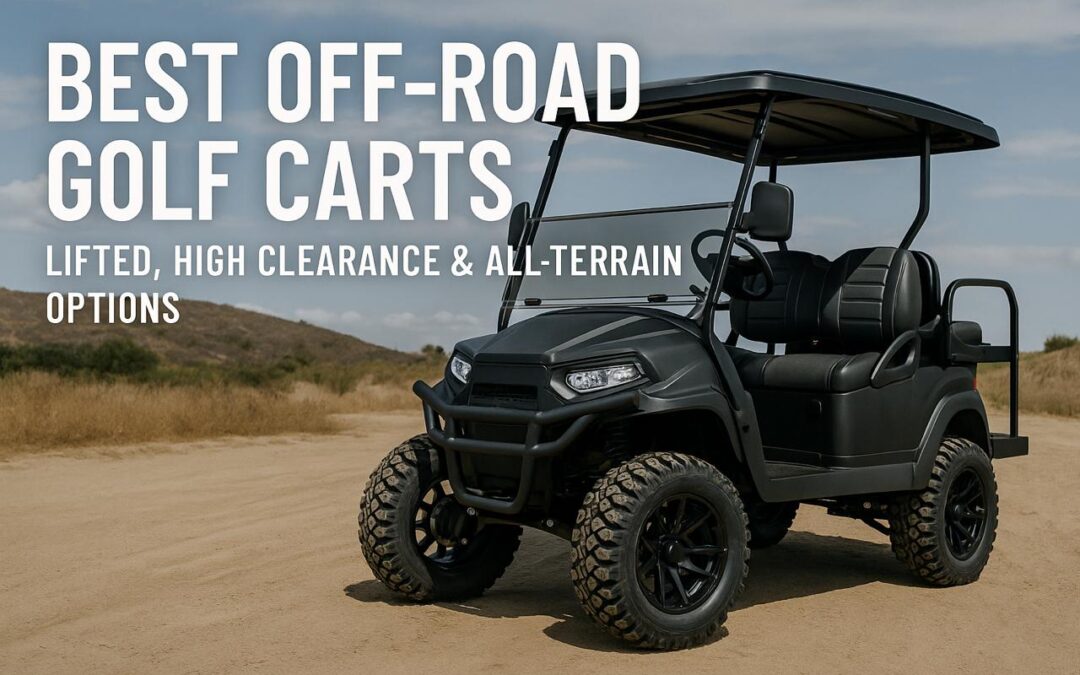 Lifted off-road golf cart with all-terrain tires on rugged dirt terrain featuring 2025 guide headline in landscape format