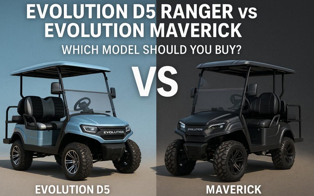 Side-by-side comparison of Evolution D5 Ranger and Evolution Maverick golf carts with 2025 buyer guide headline in landscape format