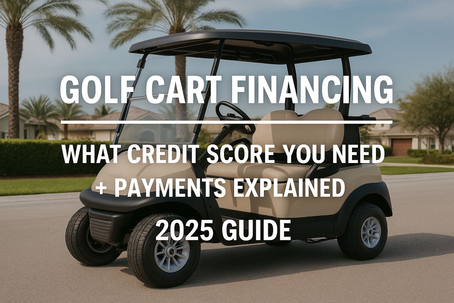 Carro de golf aparcado junto a vehículos recreativos con texto superpuesto que muestra ‘Financiación de carros de golf 2025 - Puntuación de crédito y pagos explicados’ en una imagen principal apaisada.