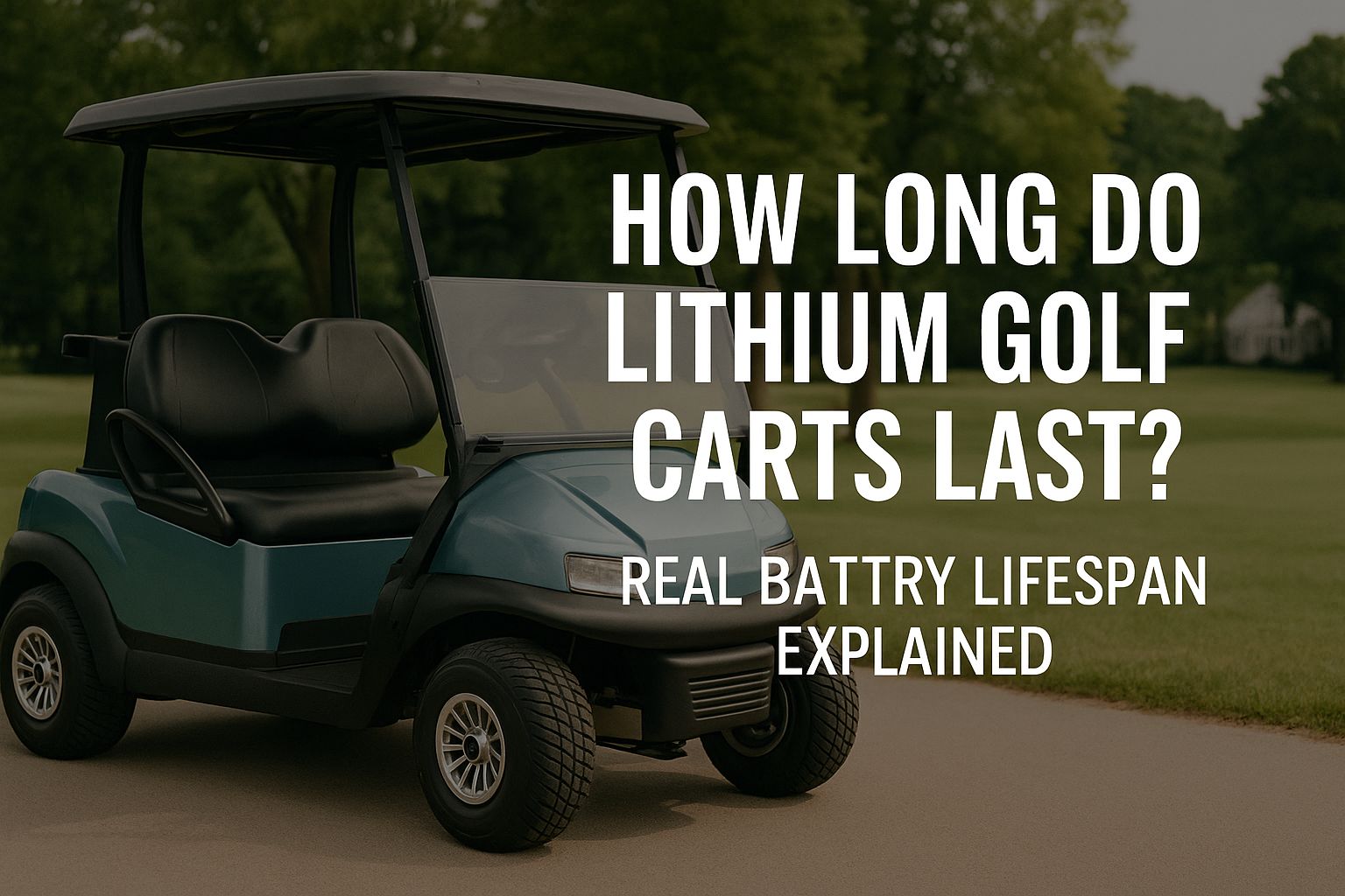 Paquete de baterías de litio en el interior de un carrito de golf con el texto de la guía de vida útil de las baterías 2025 en formato apaisado